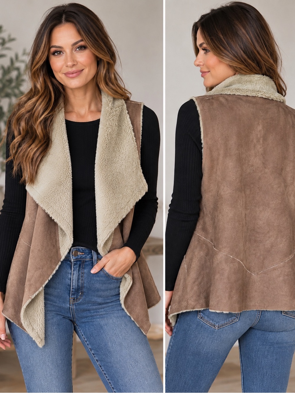 Naked Zebra Taupe Faux-Suede Sherpa Draped Vest Size M Boho Western Cowgirl